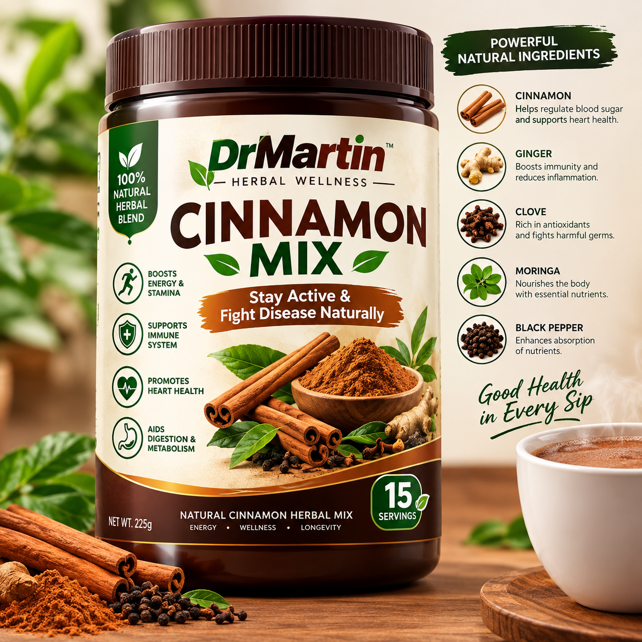 Dr Martin Cinnamon Mix 15 servings jar with cinnamon and a prepared drink
