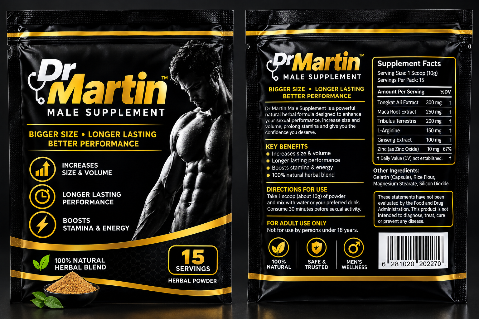 Dr Martin Male Supplement black and gold 15 servings sachet shown front and back